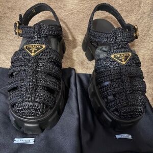 Prada Platform Black Crochet Sandals